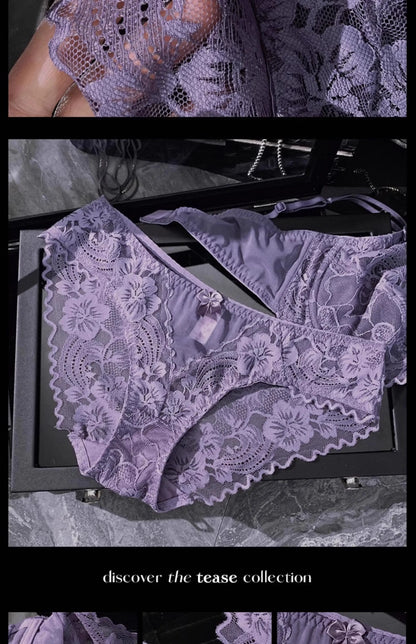 Chic French Ultra-thin Lace Lingerie Set, Large Breasts See-through Underwire Bra,small Bust Lift Elegant Soft Feminine Set S-xl