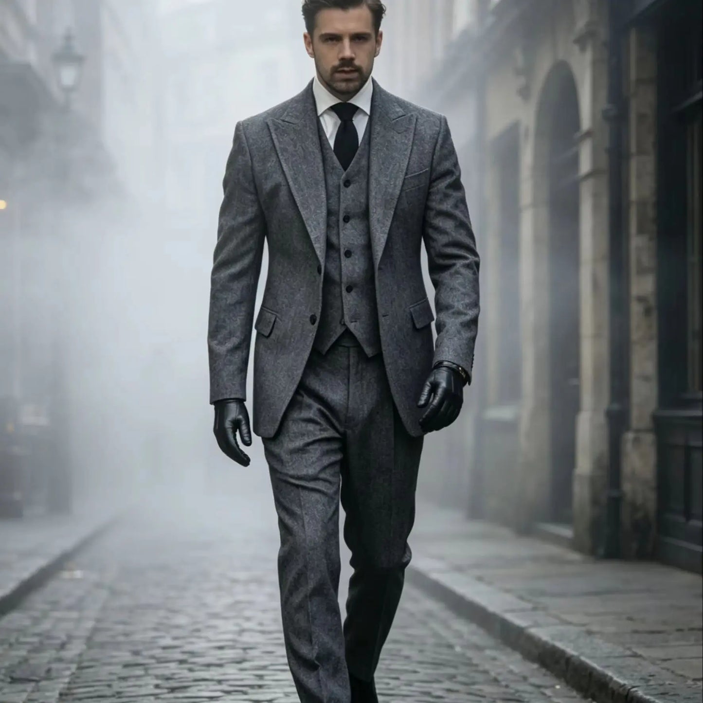 Formal 3 Pieces Men's Grey Herringbone Suits Slim Fit Peak Lapel Tweed Prom Tuxedos For Wedding/Business(Blazer+Vest+Pants)