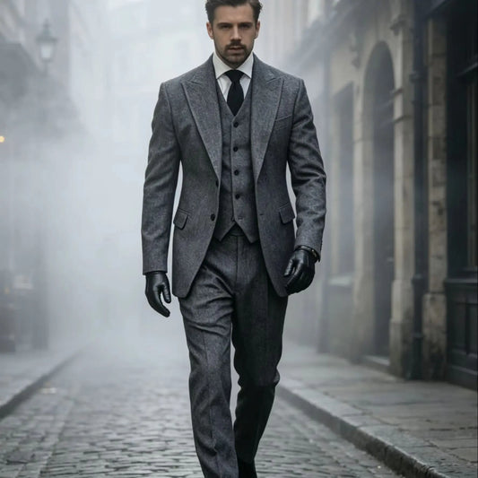 Formal 3 Pieces Men's Grey Herringbone Suits Slim Fit Peak Lapel Tweed Prom Tuxedos For Wedding/Business(Blazer+Vest+Pants)