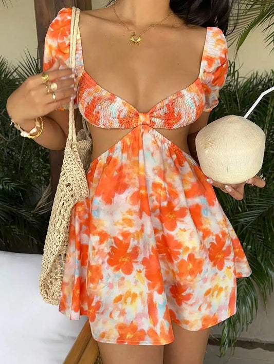 Women's Casual Vacation Versatile Stylish Floral Tie-Dye Print Puff Sleeve Mini Dress, Spring & Summer Party Dress