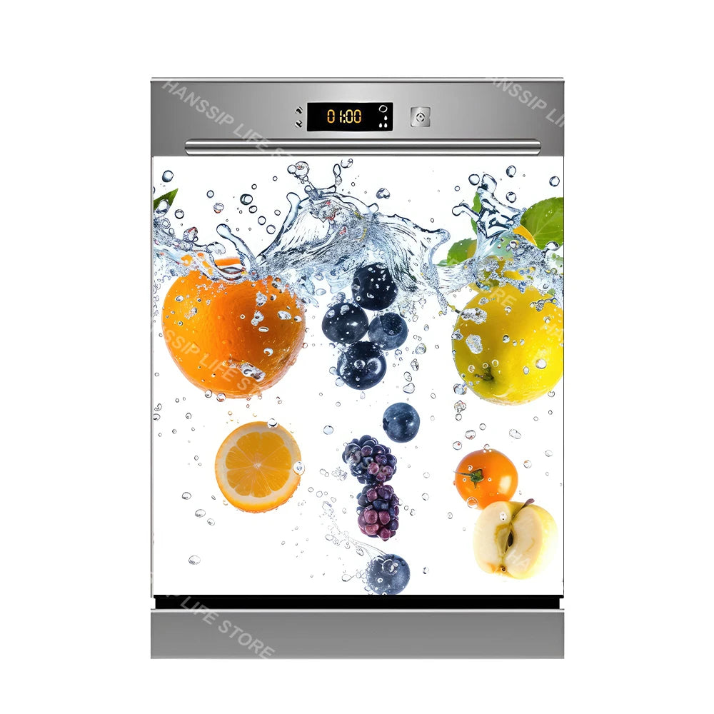 Water Splash Delicious Fruit Printed Dishwasher Sticker Wallpaper Kitchen Waterproof Dishwashing Cabinet Cover Decal Poster