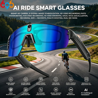 Inteligentne okulary rowerowe AI 4K HD z kamerą 800W, połączenia Bluetooth, tłumaczenie, stabilizacja obrazu, przeciwsłoneczne, dla mężczyzn i kobiet, anty-UV, wodoodporne, muzyka