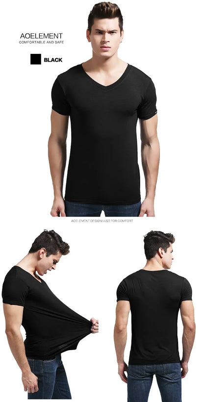 Modal summer round neck tight men's short sleeve V-neck T-shirt solid color vest T-shirt slim-fit sports undershirt