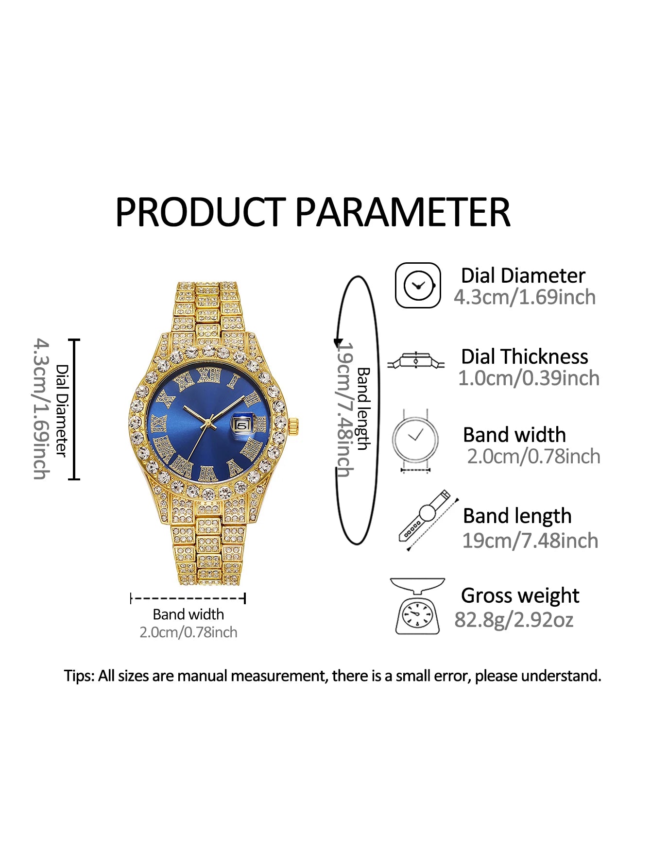 3PCS luxury alloy full diamond rhinestone mirror men's quartz watch with calendar and Hip Hop Cuban Necklace bracelet set
