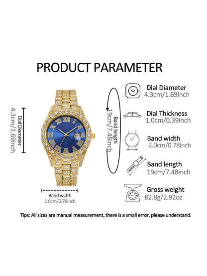 3PCS luxury alloy full diamond rhinestone mirror men's quartz watch with calendar and Hip Hop Cuban Necklace bracelet set