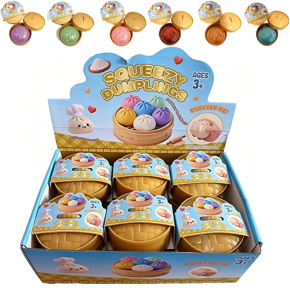 Colorful Dumpling Squishes Stress Balls Fidget Sensory Toys Simulation Food Squishies Bun with Steamer Squeeze Dough Ball Gifts