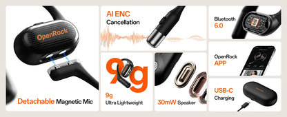 OpenRock Link 20 AI Translator Bluetooth 6.0 Earphones Open Ear Wireless Headphones With Magnetic ENC Mic IPX7 Sport Earbuds APP