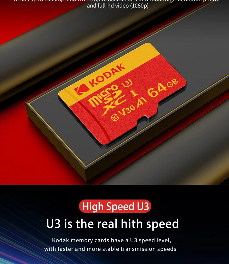 KODAK Micro SD Card U3 V30 128GB 256GB 64GB 4K High Speed TF Card for Phone Camera Drone