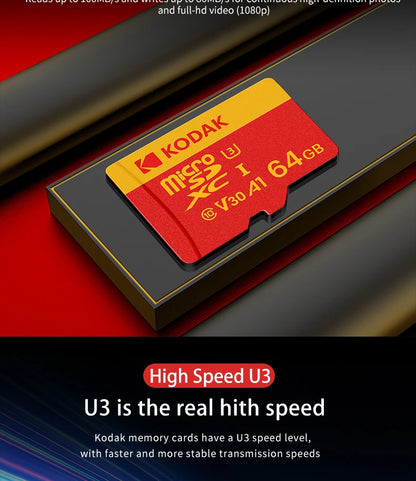 KODAK Micro SD Card U3 V30 128GB 256GB 64GB 4K High Speed TF Card for Phone Camera Drone