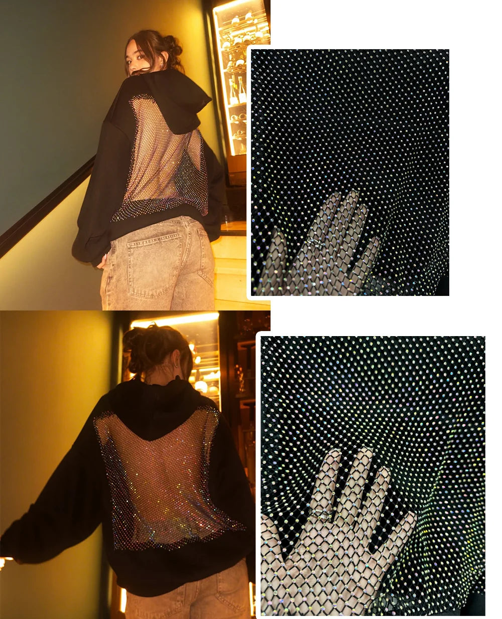 Hot Sweet Sparkling Rhinestone Mesh Transparent Hoodie Y2K Womens Fashion Sexy Backless Oversized Hoodie Casual Pullover Tops
