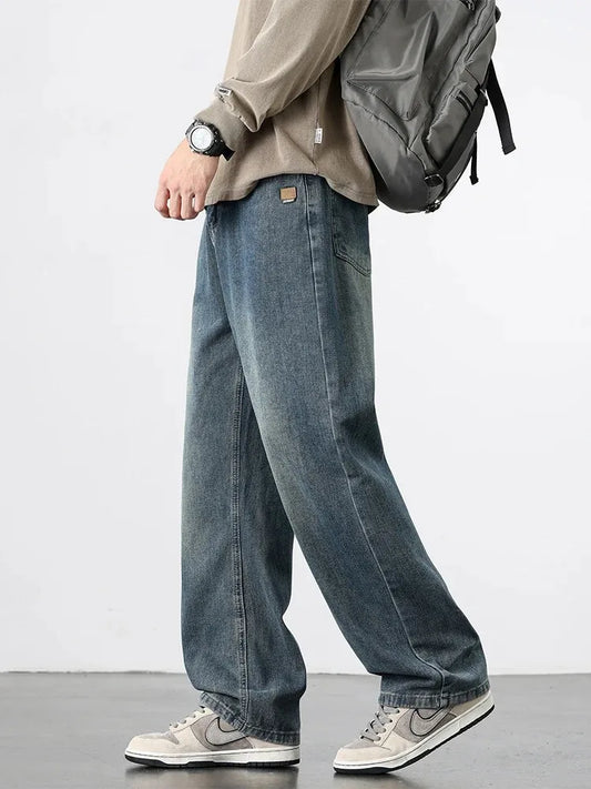 Spring Autumn American Retro Straight Jeans Men Streetwear Korean Fashion Loose Baggy Wide Leg Denim Pants Male Casual Trousers