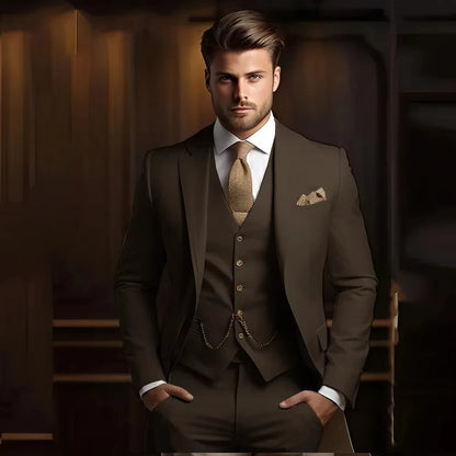 Elegant Formal Men's Suits for Groom 3 Pieces Khaki Wedding Groom Tuxedo Slim Fit 2026 Male Fashion Suit Jacket with Pant Vest