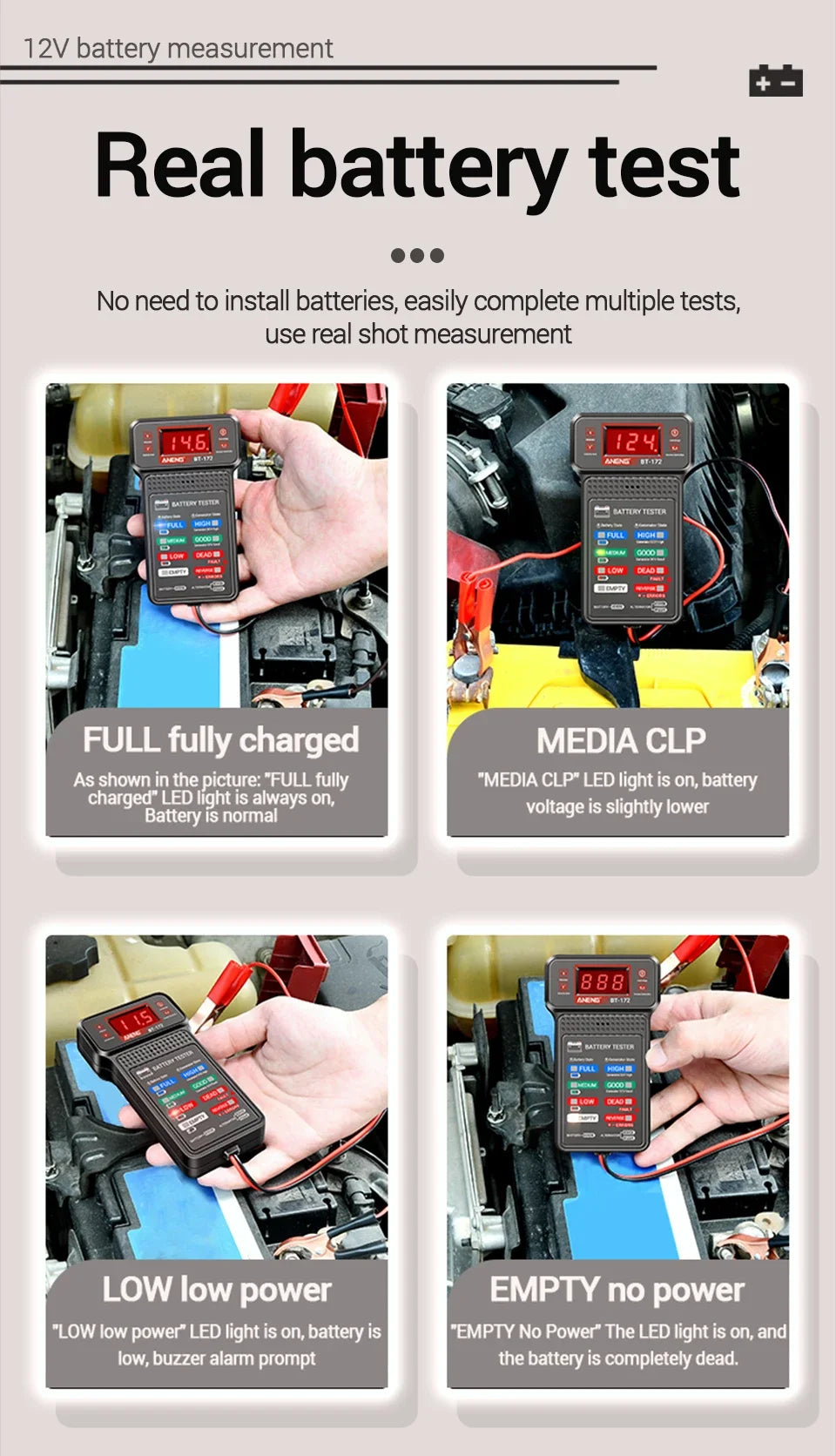 Car Battery Load Tester ANENG BT-172 Voltage Meter Gauge Digital Display Car Battery Monitor Amp Meter with Alligator Clips Tool