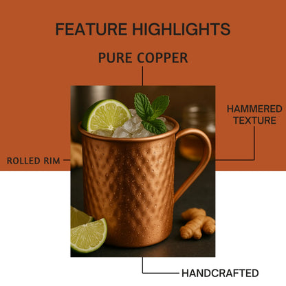400ml Vintage Pure Copper Cup, Thickened Hammer Texture 100% Copper Breakfast Milk Coffee Mug, Handcrafted Tea Tumbler Drinkware