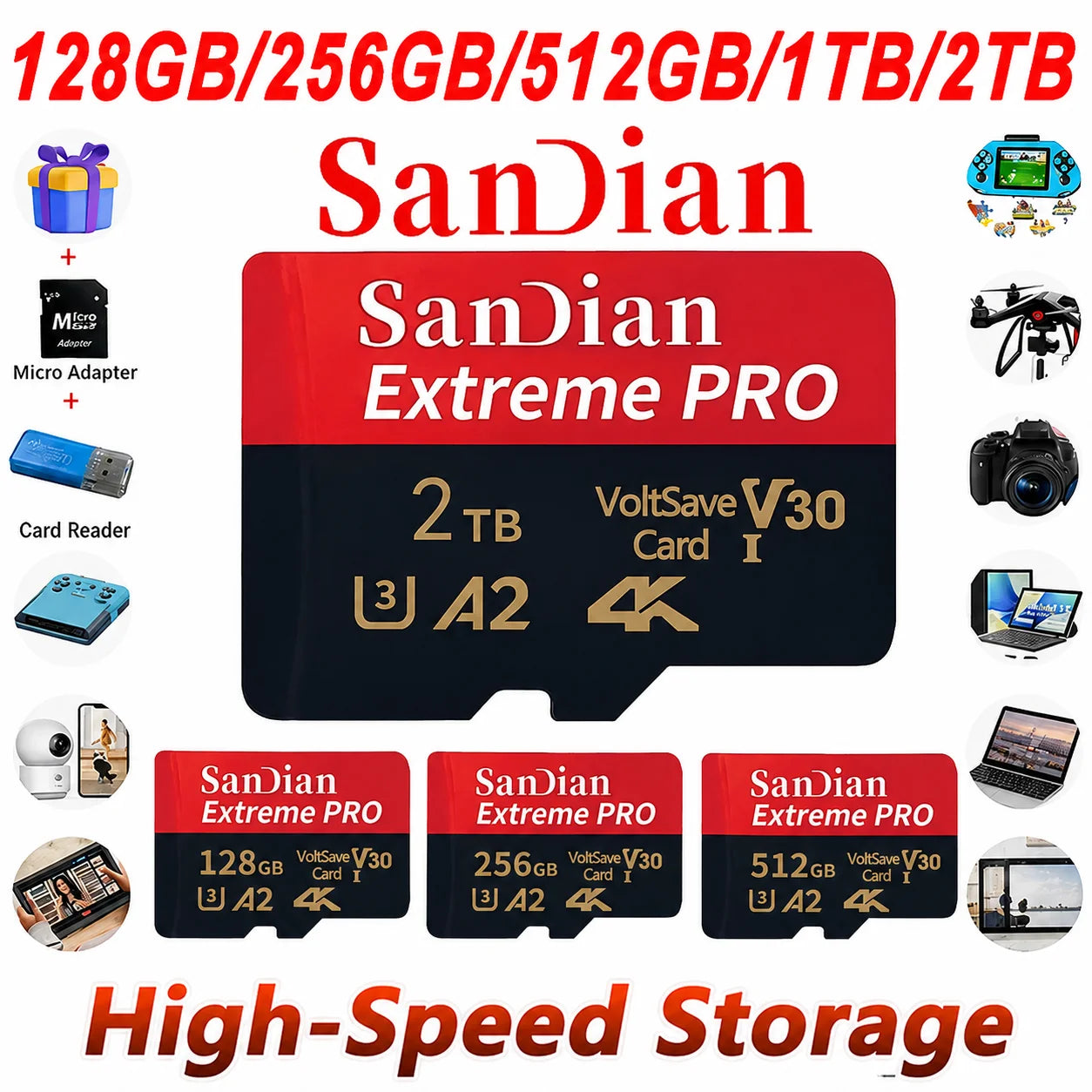 High Speed Flash Card 1TB Original SD Card 128GB Micro TF/SD Card Stable Performance for Laptops/Digital Camera/MP3 Player