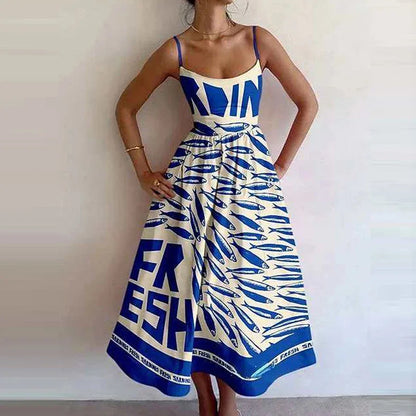 VEITCHE Fashion Women Print Suspenders Blue Ocean Fish Pattern Sexy Long Dress 2025 New Spring Summer Temperament Maxi Dresses