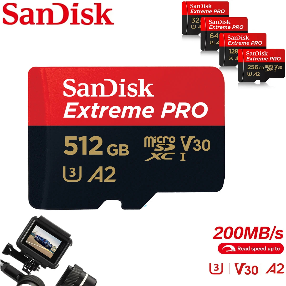 SanDisk High Speed TF Memory Card, A2 U3 V30 C10 100MB/s Portable Micro SD Card, with capacities ranging from 32GB to 512GB