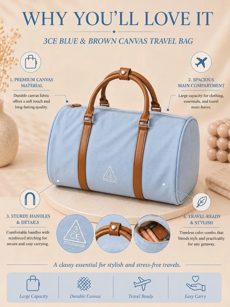 3CE Blue & Brown Color-Block Canvas Travel/Makeup Bag – Suitable for outdoor trips; spacious enough to store various cosmetics