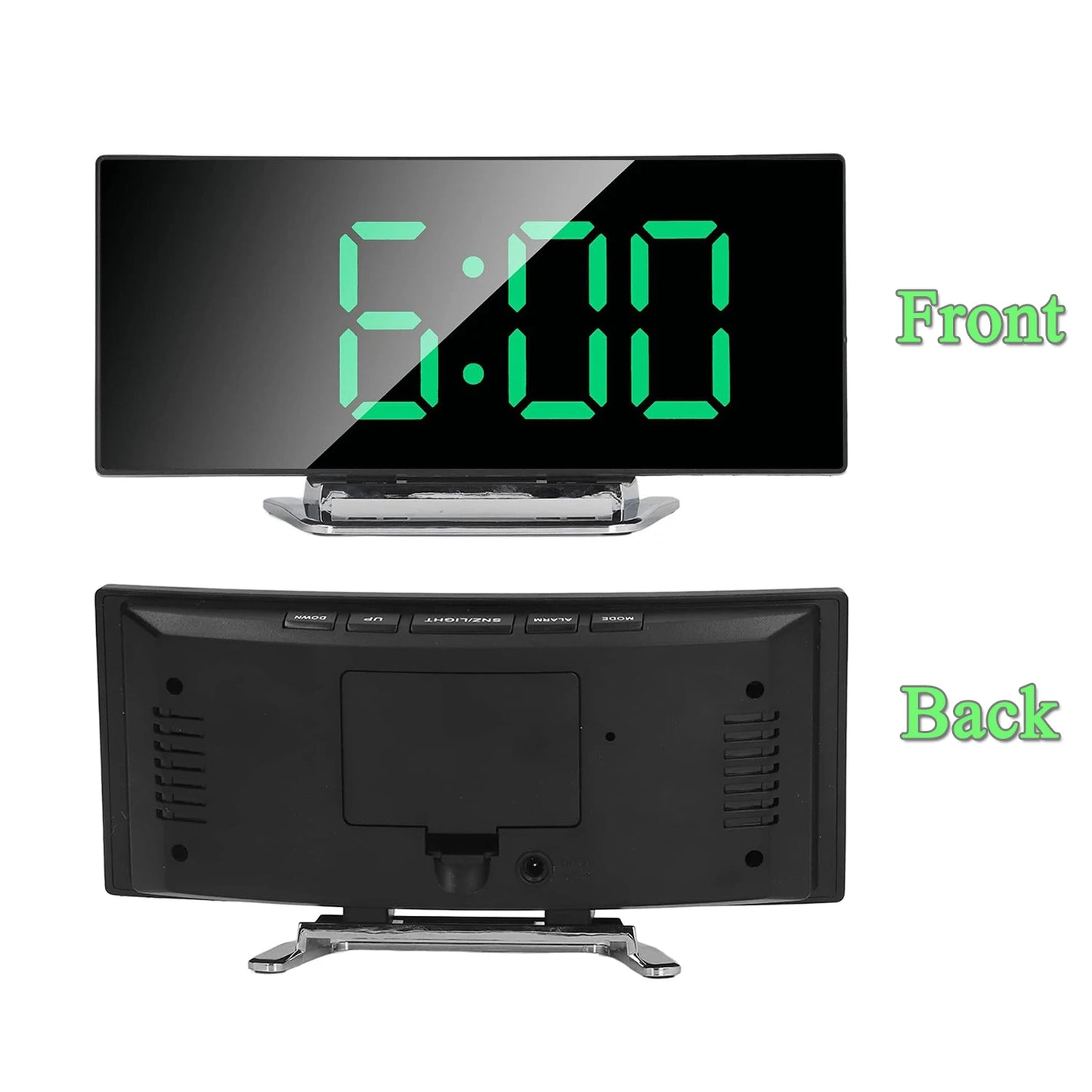 LED Alarm Clock 7'' Mirror Electronic Clock Large Scree Curved Digital Alarm Clock with 5-Min Snooze for Home Bedroom Office