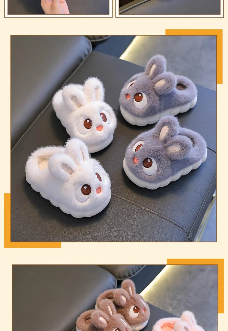New Winter Cute Big eyed Rabbit Children's Waterproof Warm Non-slip Fluffy Slippers For Girls Boys Kids Indoor Home Cotton Shoes