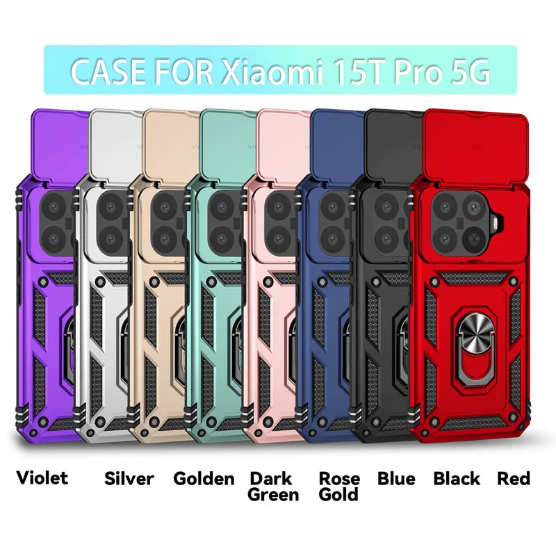 Funda For Xiaomi 15T Pro 5G Case Armor Slide Lens Protect Phone Case For Xiomi 15TPro Xiaomi15T Pro Magnetic Holder Ring Cover
