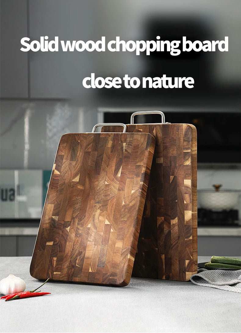 Large Acacia Wood Cutting Board, Checkerboard End Grain Butcher Block, Thick Reversible Wooden Chopping Board with Metal Handle