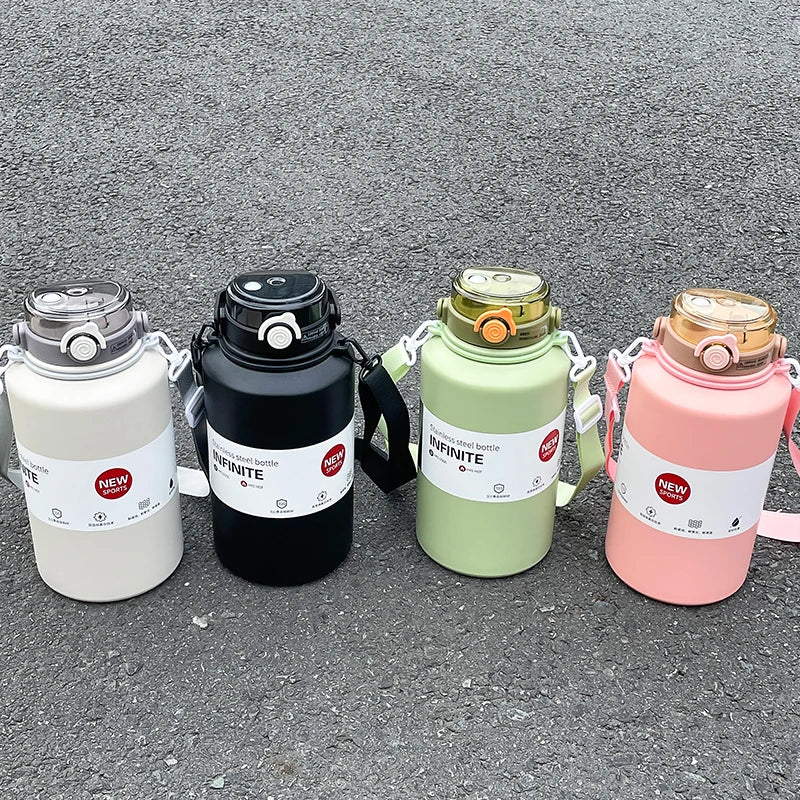 1pc 2000ml Large Capacity Stainless Steel Thermos Mug, Insulated Water Bottle with Handle & Straw, Leakproof Sports Water Jug fo