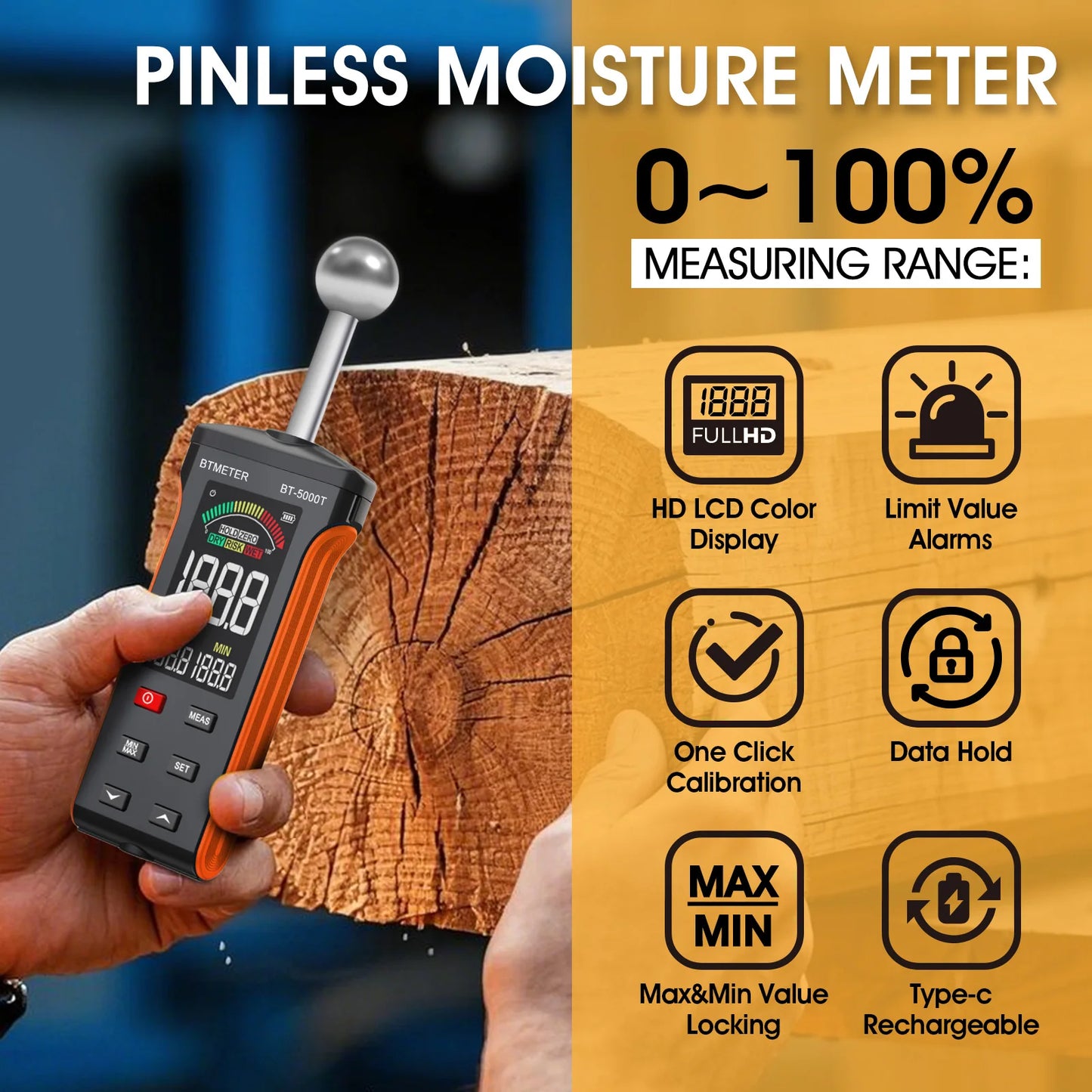 BTMETER Wood Moisture Meter - Pinless Moisture Detector Measur Depth 20-40mm Non-Destructive Moisture Tester with Masonry