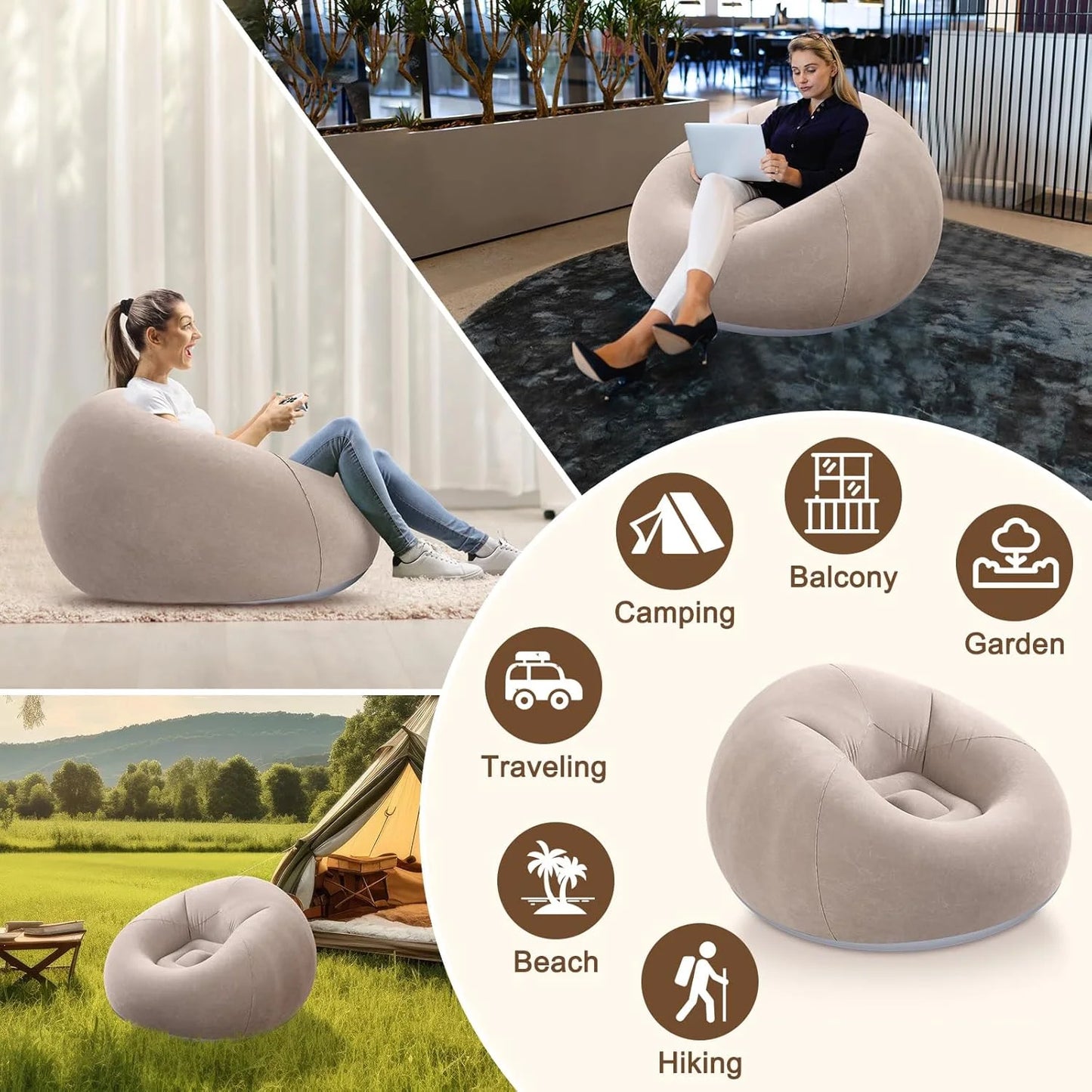 1 Inflatable Lazy Sofa, Outdoor Chair, Oval Inflatable Sofa, Camping Folding Leisure Recliner, Full Backrest Armrest Single Nap Sofa
