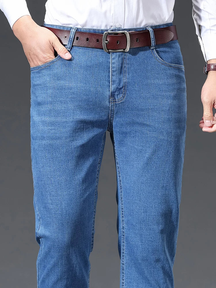 Thin Men's Straight Jeans Spring Summer Embroidered Casual Stretch Comfortable Trousers Business Fashion Male Denim Pants