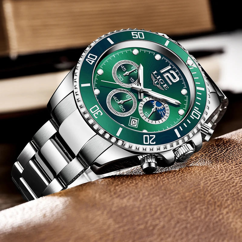 LIGE Outdoor Sport Watch For Men Fashion Military Waterproof Luminous Men Watch Round Stainless Steel Quartz Chronograph Male