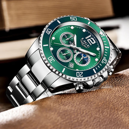 LIGE Outdoor Sport Watch For Men Fashion Military Waterproof Luminous Men Watch Round Stainless Steel Quartz Chronograph Male