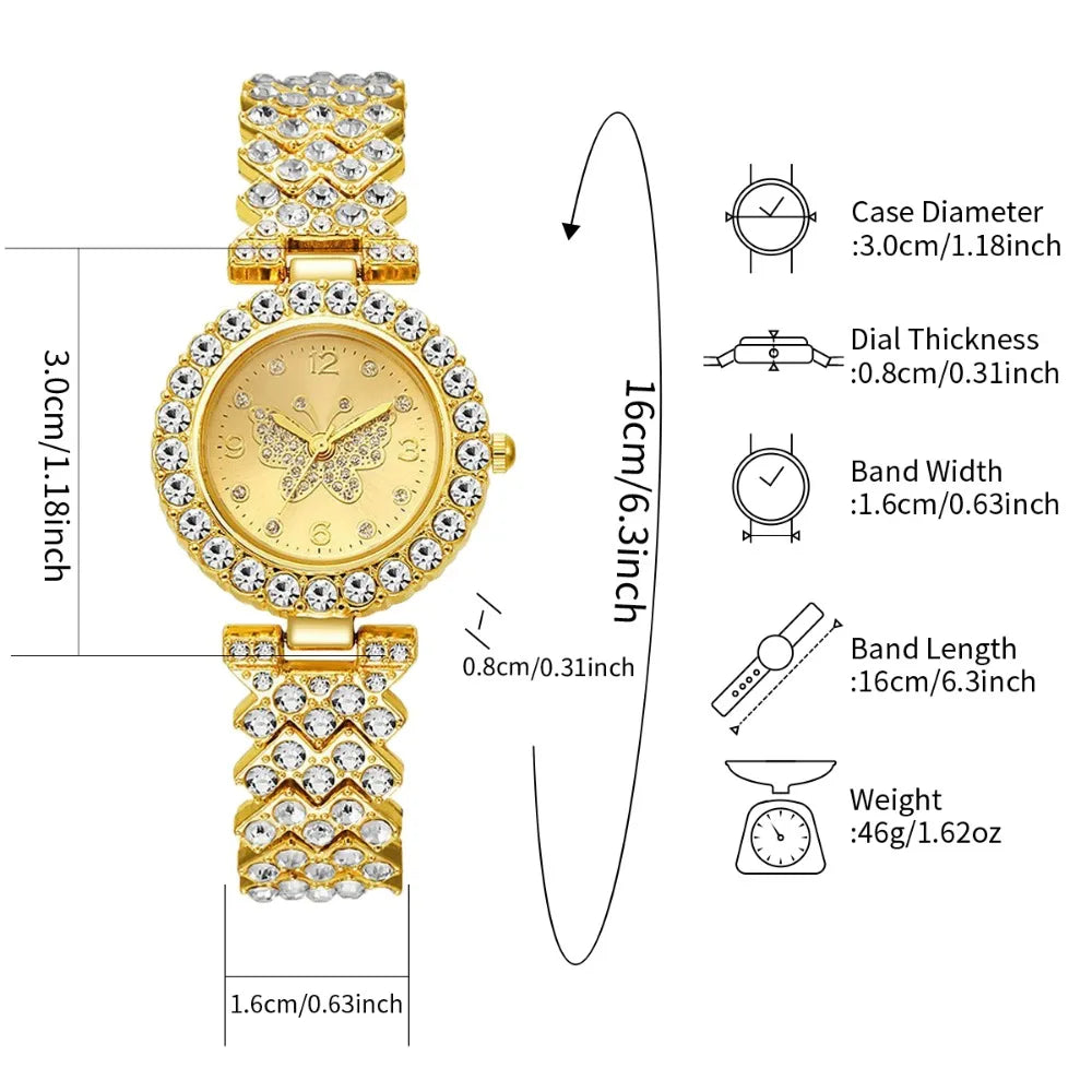 5PCS Luxury Rhinestone Butterfly Dial Women Quartz Watch Jewelry Set Elegant Ladies Bracelet Wristwatch Reloj Mujer（Without Box）
