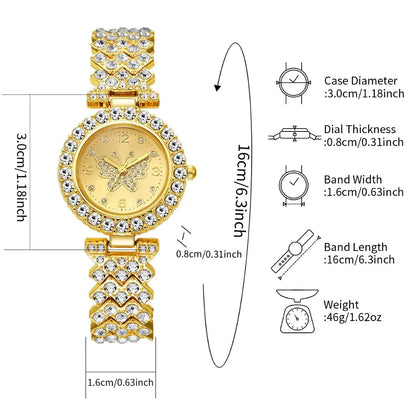 5PCS Luxury Rhinestone Butterfly Dial Women Quartz Watch Jewelry Set Elegant Ladies Bracelet Wristwatch Reloj Mujer（Without Box）