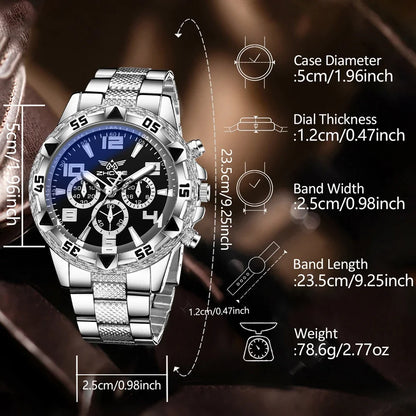 2PCS Silver Men's Watch Set Fashion Trend Business Quartz Watch Set Suitable for Daily Clothing Matching Perfect Gift