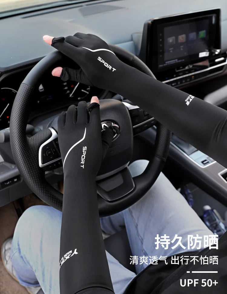 Anti-Sunburn Long Sleeve Men Summer Fingertip Flip Glove Cool Summer Ice Silk Driving Cycling Fishing Non - Slip Arm Warmers