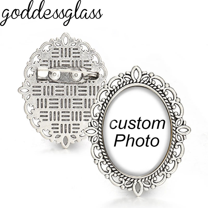 Personalize Custom Vintage Hollow Oval Brooch Photo Logo Silver Plated/Bronze For Family Anniversary Collar 18x25mm Oval Jewelry