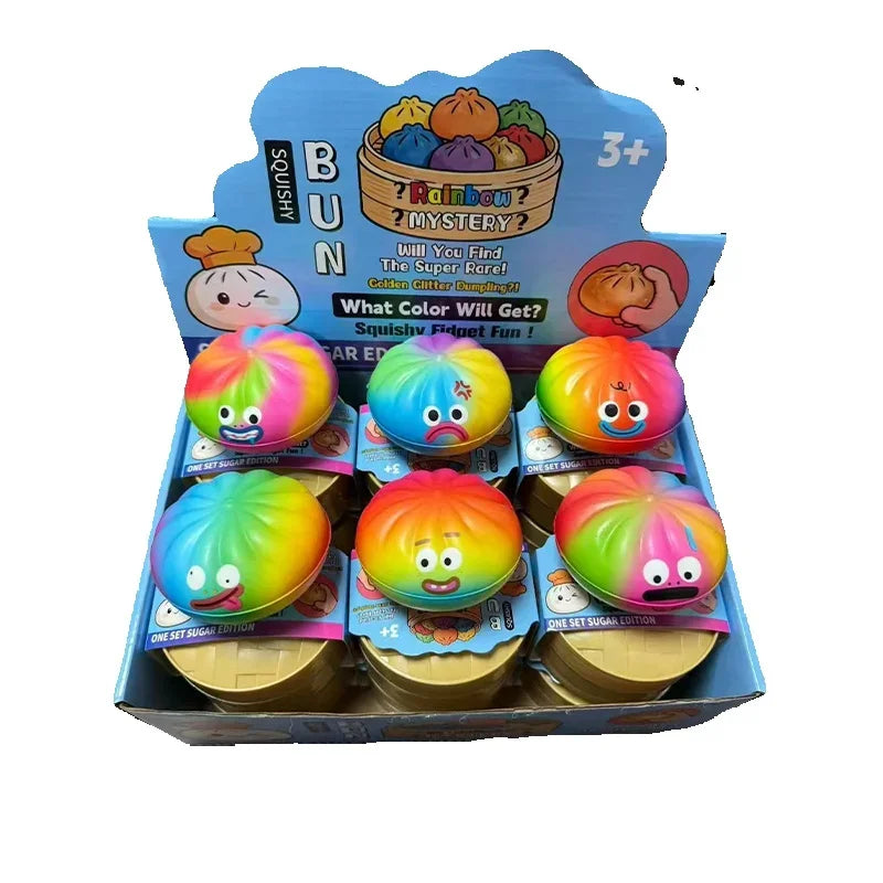 12Pcs Rainbow Cartoon Squishy Bun Set Slow Rebound Stress Relief Fidget Cute Simulation Dumpling Gift Box For Kids Collect Play