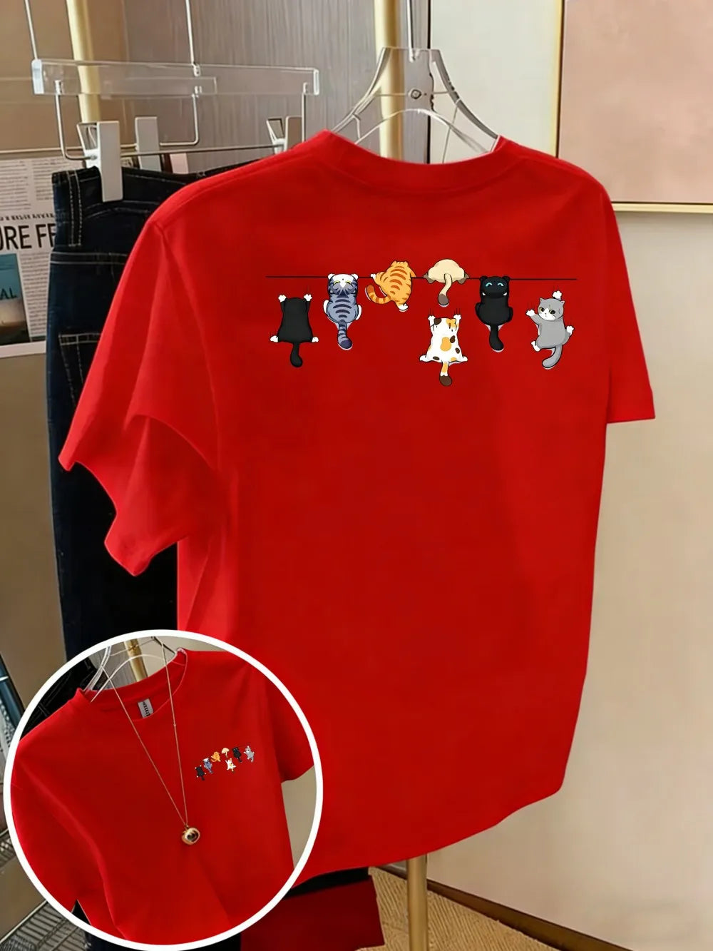 Cartoons Cats Prints T-Shirts Summer Womens Cotton T Shirts Basic O-Neck Oversized Short Sleeve Tops Casual Street Woman Clothes