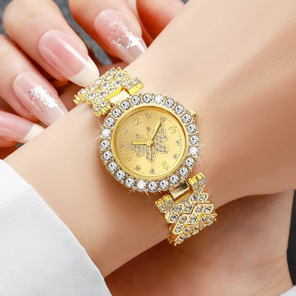 5PCS Luxury Rhinestone Butterfly Dial Women Quartz Watch Jewelry Set Elegant Ladies Bracelet Wristwatch Reloj Mujer（Without Box）