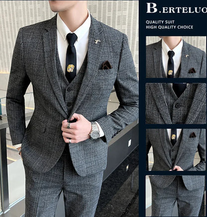 Boutique Suits (Blazer+ Vest + Pants) Men Fashion Hosting Work Business Wedding Casual Linen Art Style Elegant Gentleman's Suit