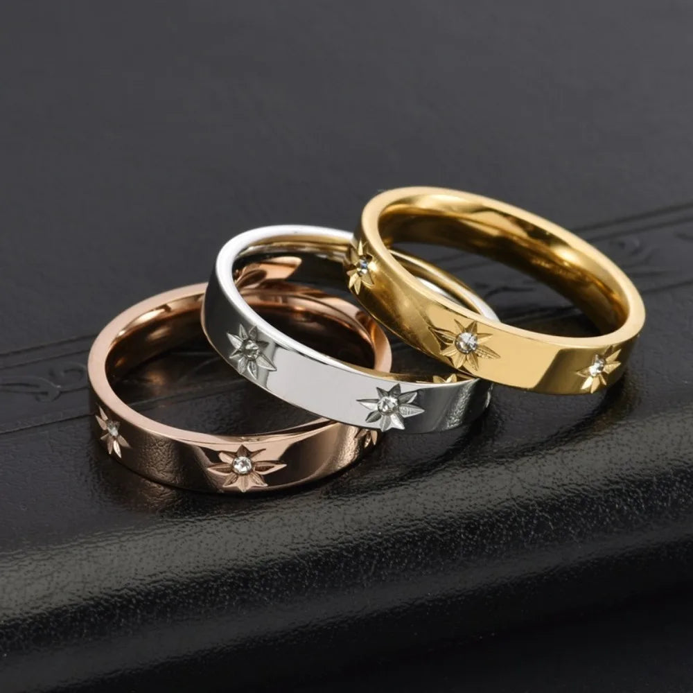 Kolmnsta New 4mm Sunflower Titanium Steel Ring For Women Gold Plated Cubic Zircon Engagement Wedding Rings Couple Jewelry Gifts