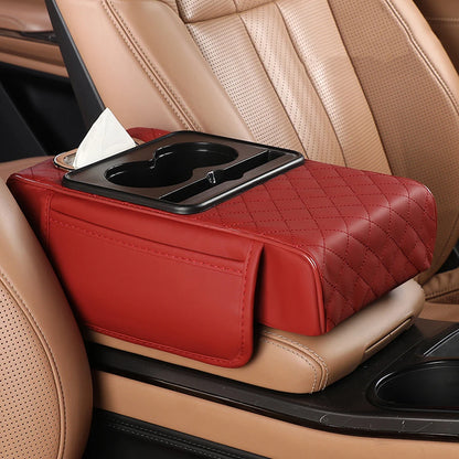Car Armrest Box Multifunctional Thicken Height Pad Arm Rest Cushion with Pocket Tissue Cup Holder PU Elbow Support Height Pad