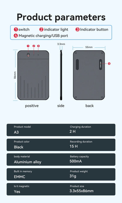 AI Powerd ChatGPT-4 App Phone Call Mini Audio Voice Recorder Espia Transcribe Summarize 58Language Translator Audio Dictaphone