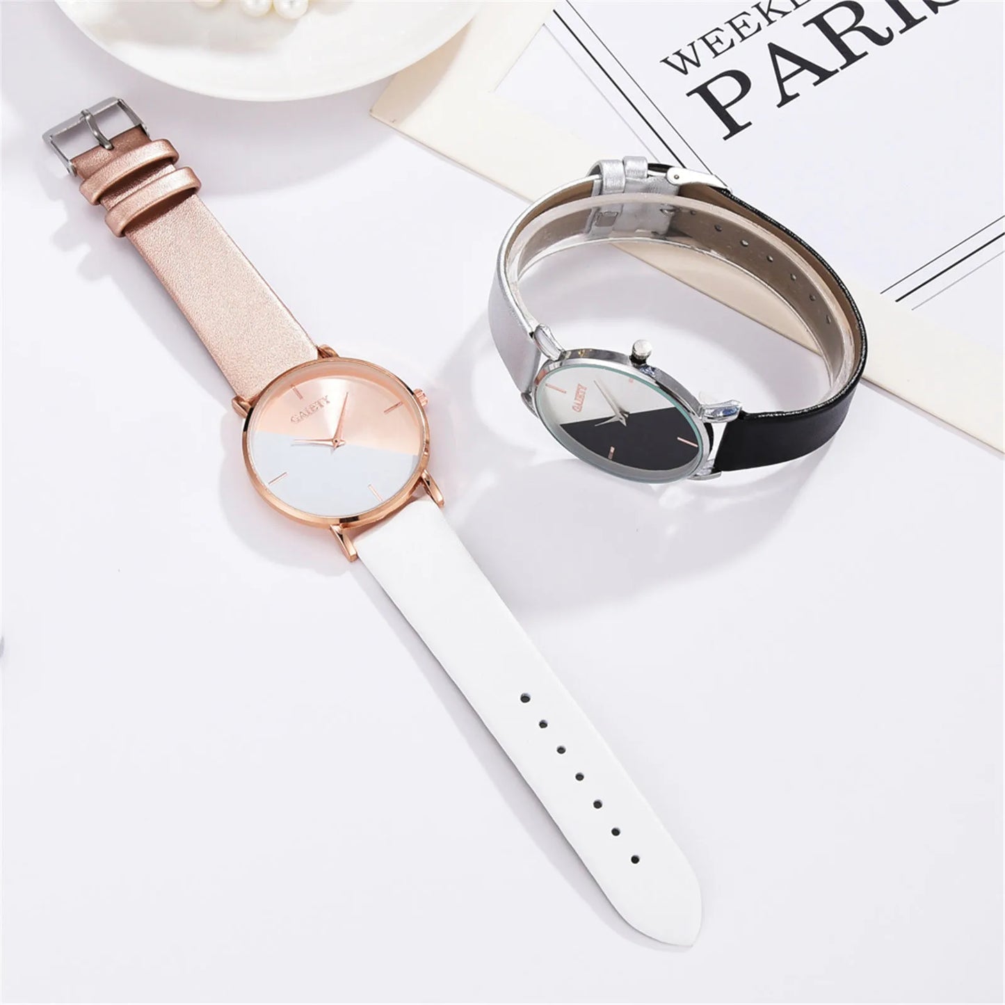 Women'S Watch Set Luxury Fashion Light Luxury Geometric Stitching Quartz Style Pu Leather Strap Round Dial Women'S Gift