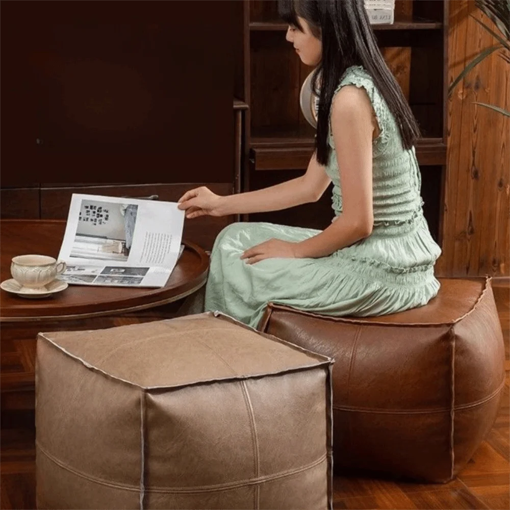 Light Luxury Non-Slip Storage Stool Large Capacity No Fillings PU Leather Ottoman Square Thicken Leather Pouf Balcony