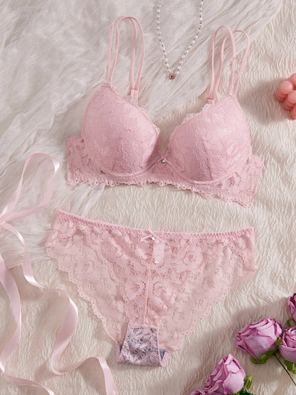 6-Piece Set Women's Underwear Set Sexy Patterned Lace Patchwork No Lining Comfortable Fitting Women's Push-Up Bra Sexy Lingerie