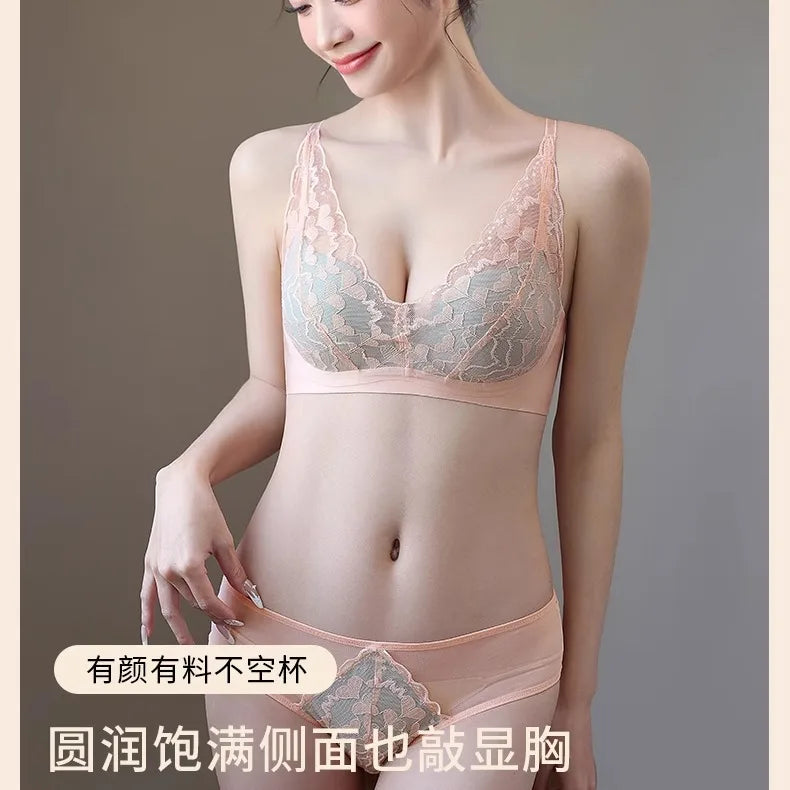 French Sexy Lace Bra and Panty Set for Women, Push Up Wireless Bralette, Comfortable & Breathable Small Chest, Bestseller MOYISU