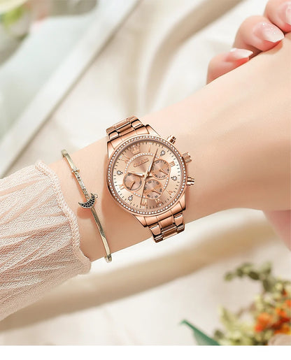 OLEVS Women's Watches Top Brand Luxury Original Quartz Watch for Ladies Chronograph Waterproof Luminous Rhinestone Dial 24 Hour