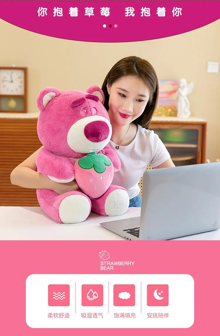 Disney Cute Hug Strawberry Bear Plush Toy Cartoon Anime Strawberry Bear Plush Doll Sleep Pillow Gift for Girlfriend's Birthday